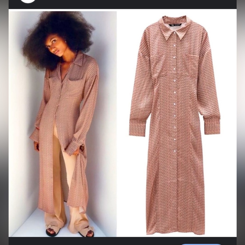 Zara Satin Effect Blush Dusty Pink Floral Button-Up Maxi Dress M